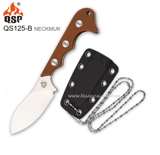 QSP Neckmuk Fixed Blade Neck Knife, D2 Steel, G10 Brown, Kydex Sheath, QS125-B